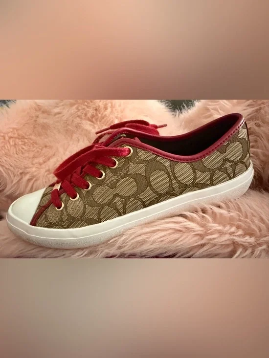 Coach Empire Outline Canvas Sneakers in the Tan & Red - Picture 3 of 8